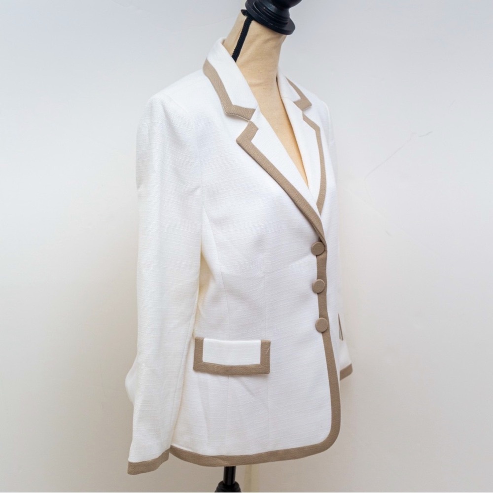Tailored blazer jacket white tan khaki trim summer blazer Tahari 14 - Picture 4 of 15